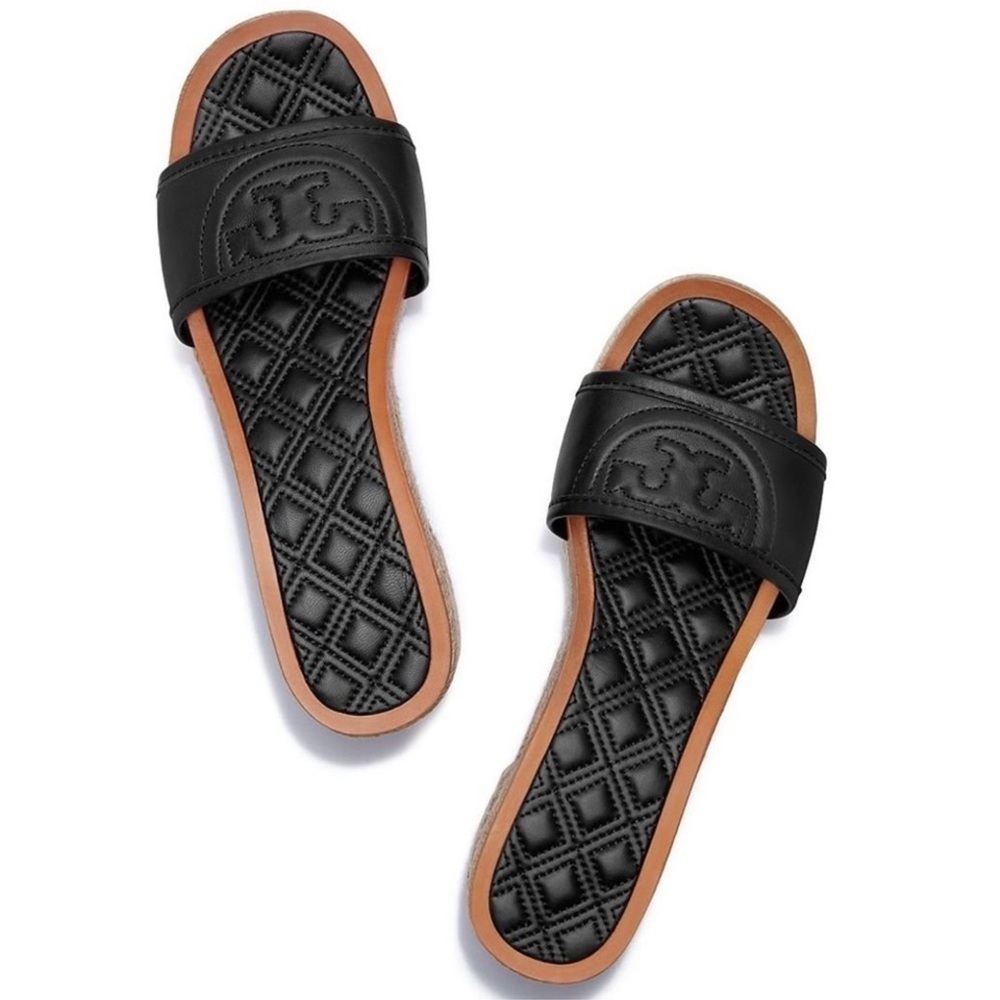 Tory Burch‎ Black Leather Fleming Espadrille Slide Sandal Size 8 Women